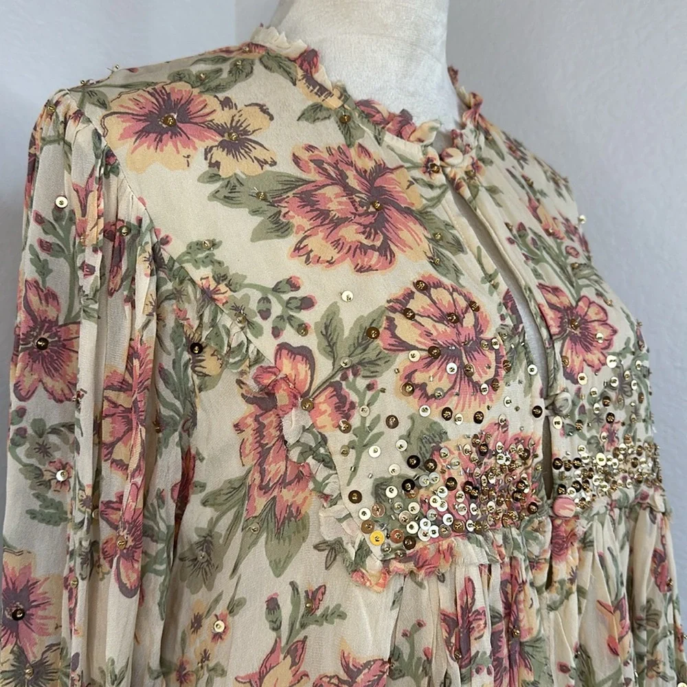 Free People  Hand Beaded Bali Golden Sun Printed Mini Dress SIZE SMALL NWT - Picture 6 of 16